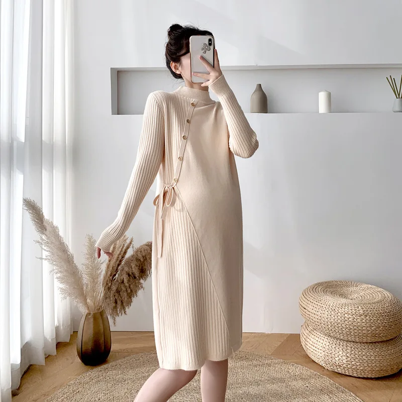 Autumn Winter Thick Warm Knitted Maternity Long Sweaters A Line Slim Dress Clothes for Pregnant Women Fashion Pregnancy