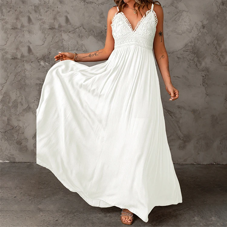 Fashion Women Casual Sleeveless Lace Long Dress Autumn Open Back Strap Dress