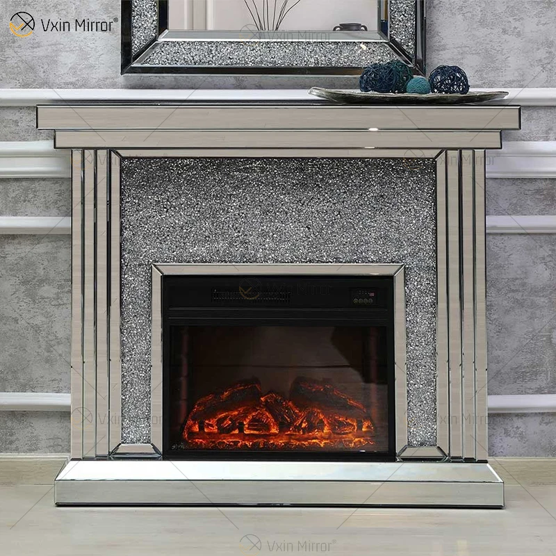 Manufactory direct living room decoration WXWF-1104 Crushed Diamond Modern Mirror Fireplace free standing fireplace indoor firep