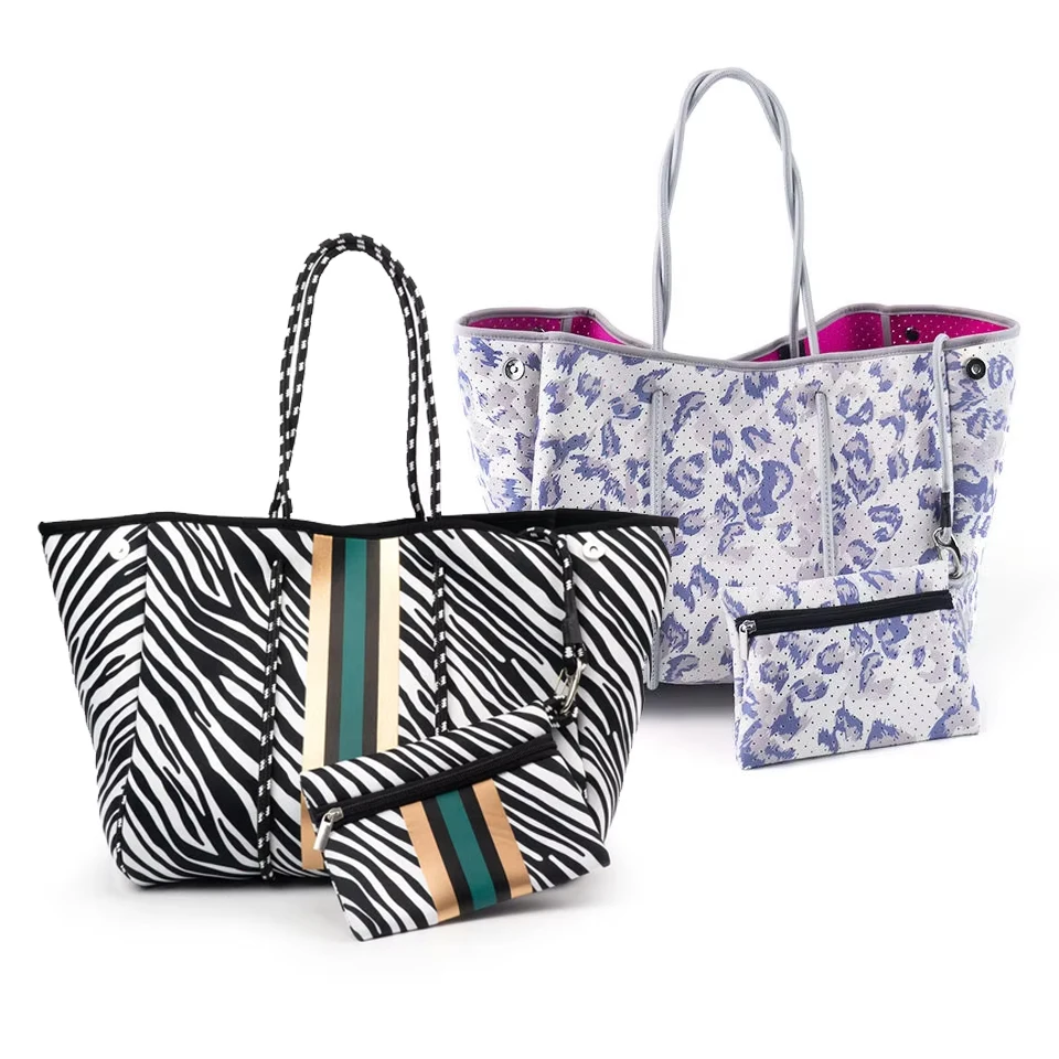 Custom printed logo Deer Animal Perforated Carrying Sea Neoprene Beach Tote Bag Handbag Summer Neoprene Bags For Women