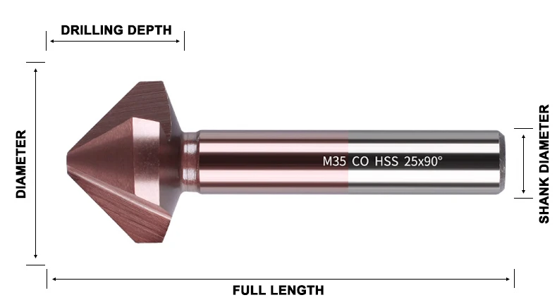 20.5mm 3 Flute 90 Degree HSS M35 Cobalt Countersink Chamfering Tool Drill Bits for Stainless Steel Aluminum Alloy