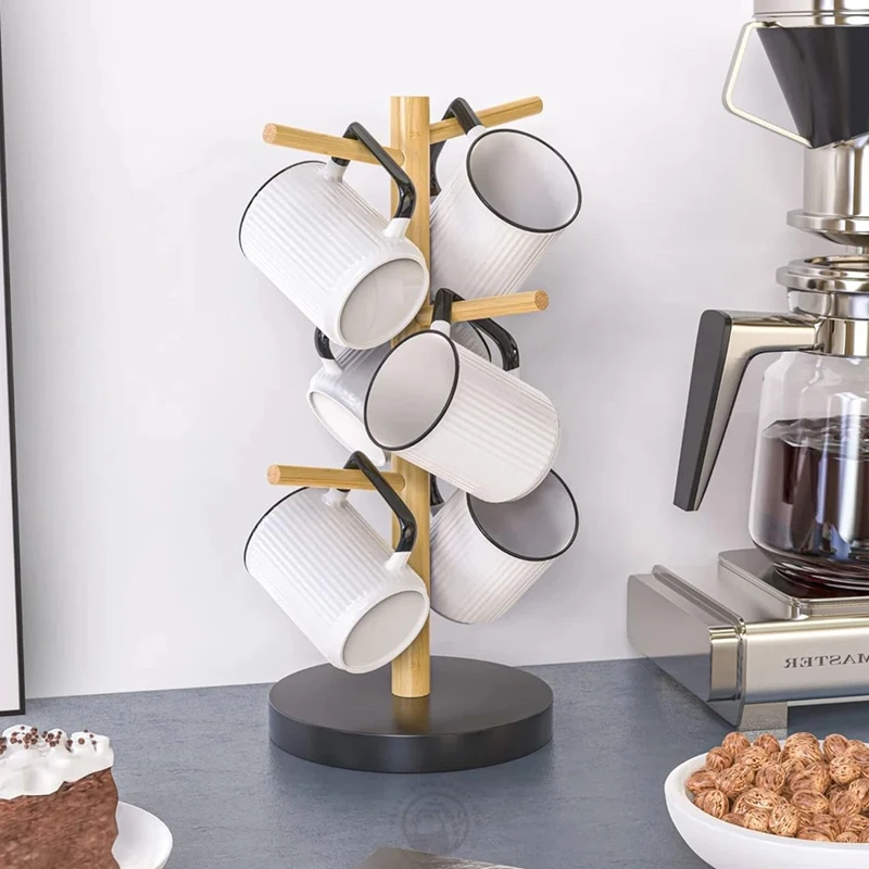 Kitchen Organization Sustainable Bamboo Cup Storage Mug Tree Holder Wiht 6 Pegs