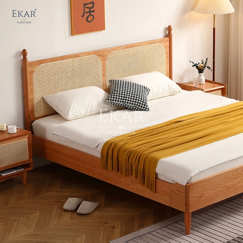 New design modern cherry wood rattan double bed