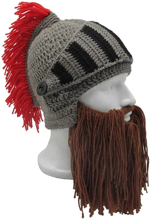 Beard Hat Beanie Knit Original Barbarian Warrior Halloween with Viking Horns Bearded Caps Windproof for Men & Women Tentacle Cro