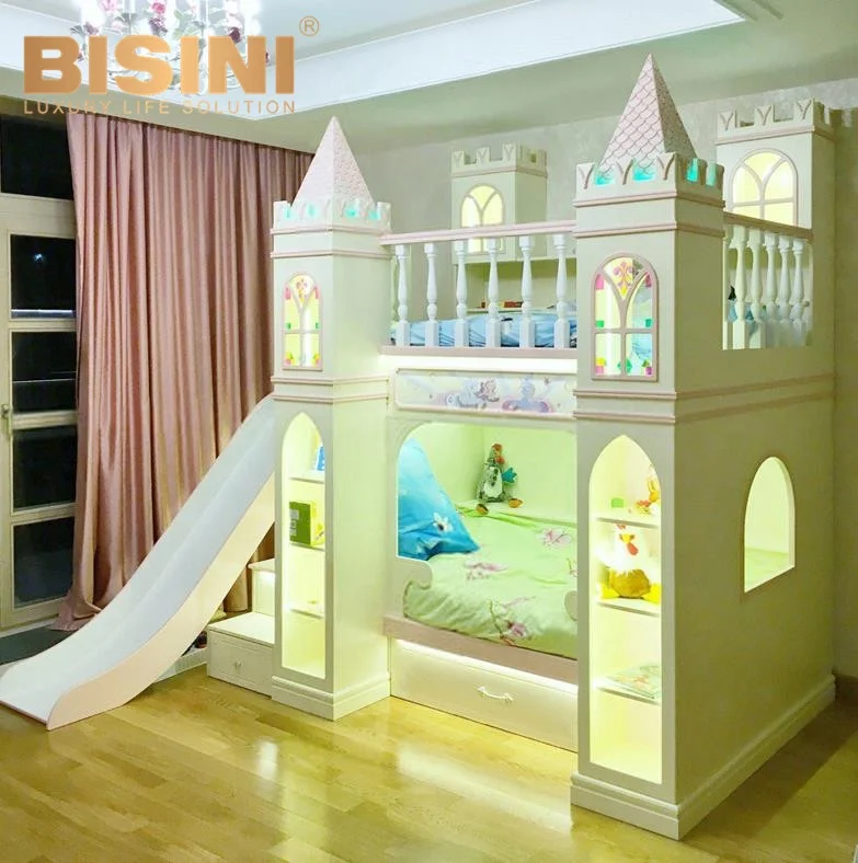 
 Двуспальная кровать из массива дерева под заказ красочная детская двухъярусная кровать с лестницей для мальчиков и девочек   (1600055385238)