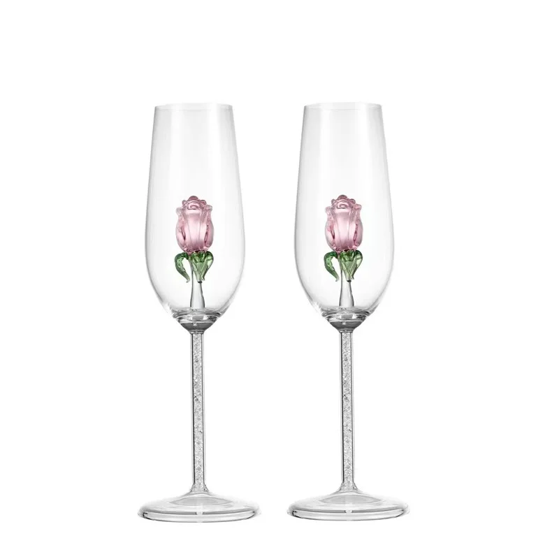 Luxury Champagne Flutes Hand Blown Glass Goblet Crystal Diamond Stems Red Wine Cups with 3D Rose  Shape Cups Wine Glasses Gift
