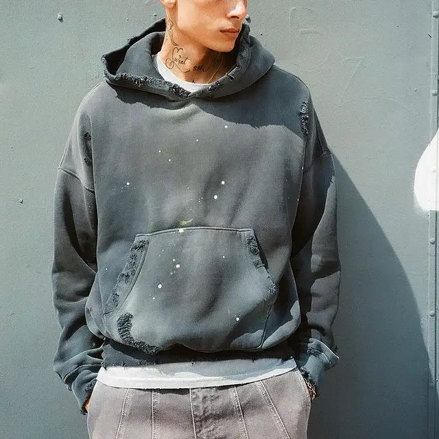 Custom Vintage Oversized Pullover Blanks Hoodies Paints Distressed Sun Faded Acid Wash Hoodie Unisex