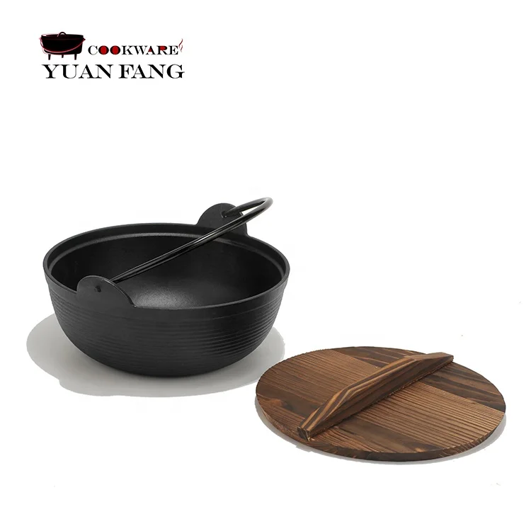 Wholesale 20/24/26/28CM Pre-Seasoned Japanese Cast Iron Sukiyaki Nabe Ramen Hot Pot with Wooden Lid