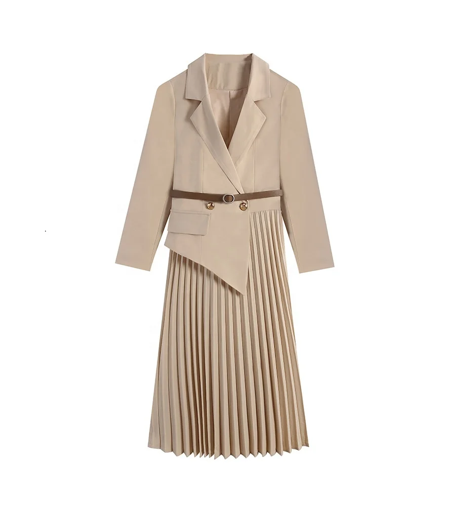 Office lady Notched lapel pleated skirt waist belt formal suit dress
