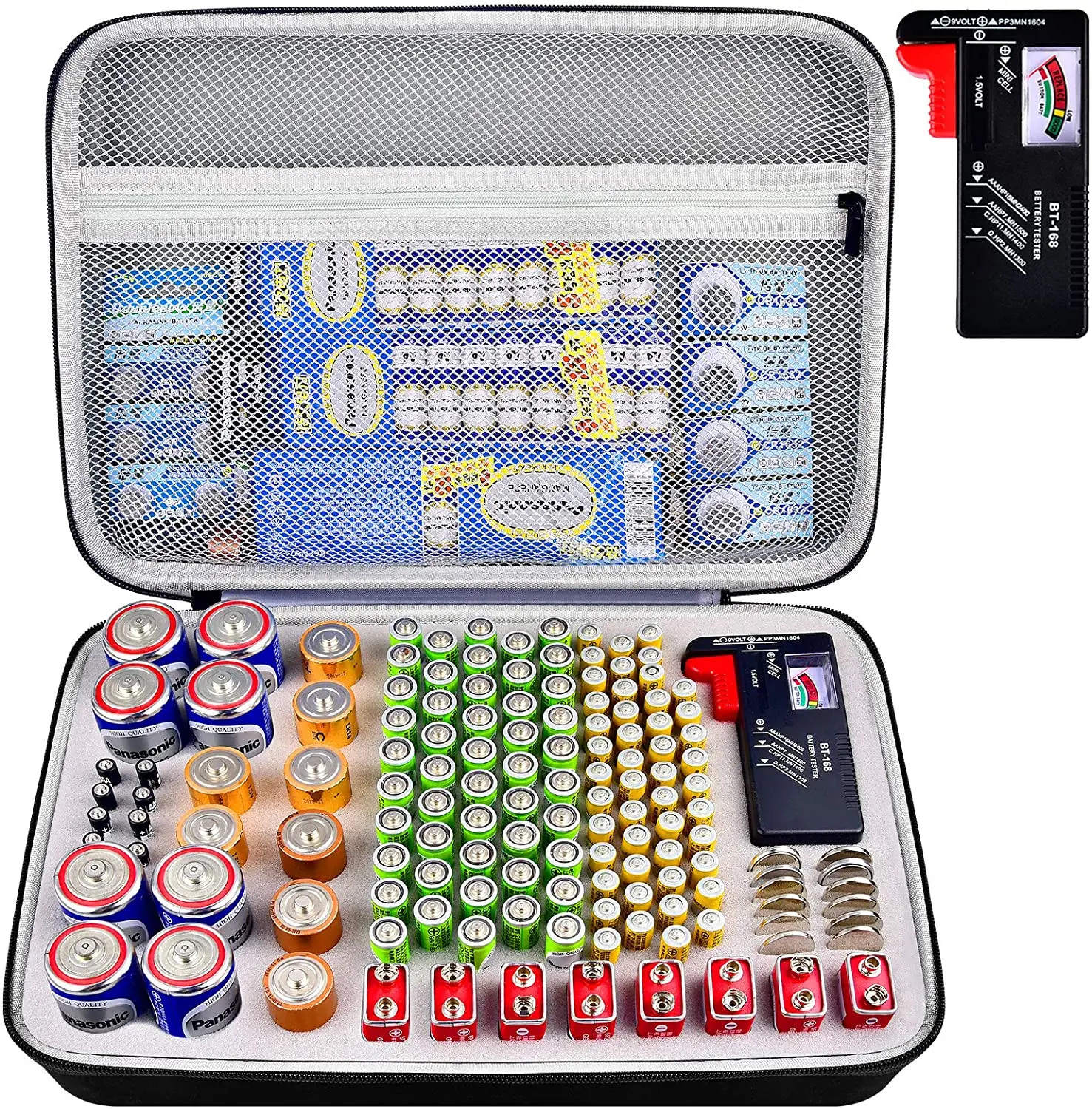 Battery Organizer Storage Case with Tester, Battery Box Holder Garage Container Bag Fits for AA AAA AAAA 9V C D Lithium 3V