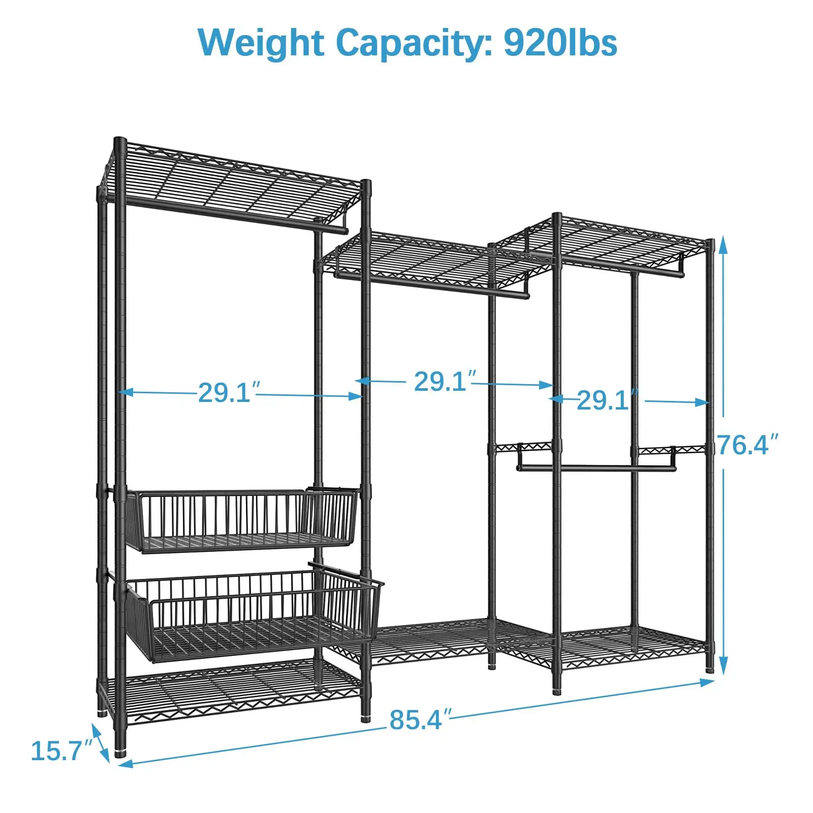 Large Size 5-Tier Heavy Duty Wire Garment Rack With Wood Hanging Rods and 2 Slid Storage Baskets Premium Clothes Rack