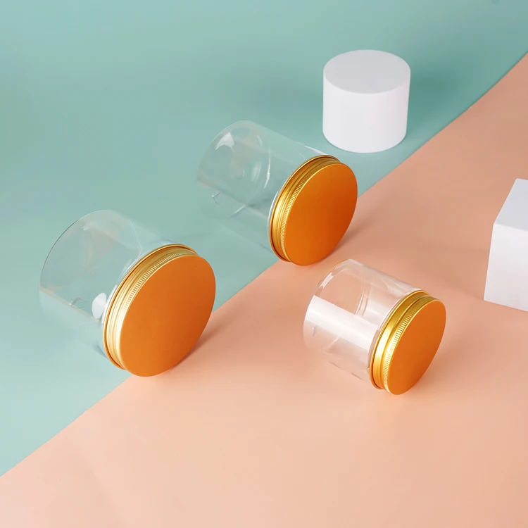 Wholesale Cosmetic Food Packaging Transparent Pet Plastic Cosmetic Cream Jar Food Storage Jar With Metal Aluminum Lid
