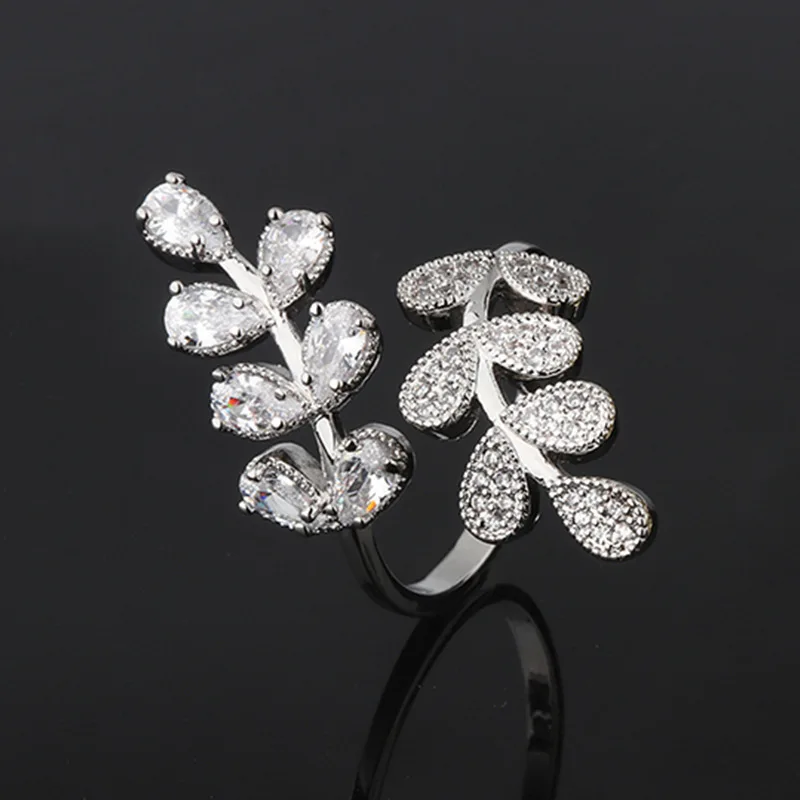  Diamond Vintage Leaves Shape Ring Women Daily Gift Zircon Prong Setting Brass Adjustable Iced Out High Quality Jewelry