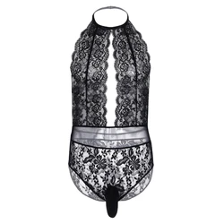 Custom Sissy Black One Piece Lace Underwear Halter Bodysuit Leotard Lingerie Clothing For