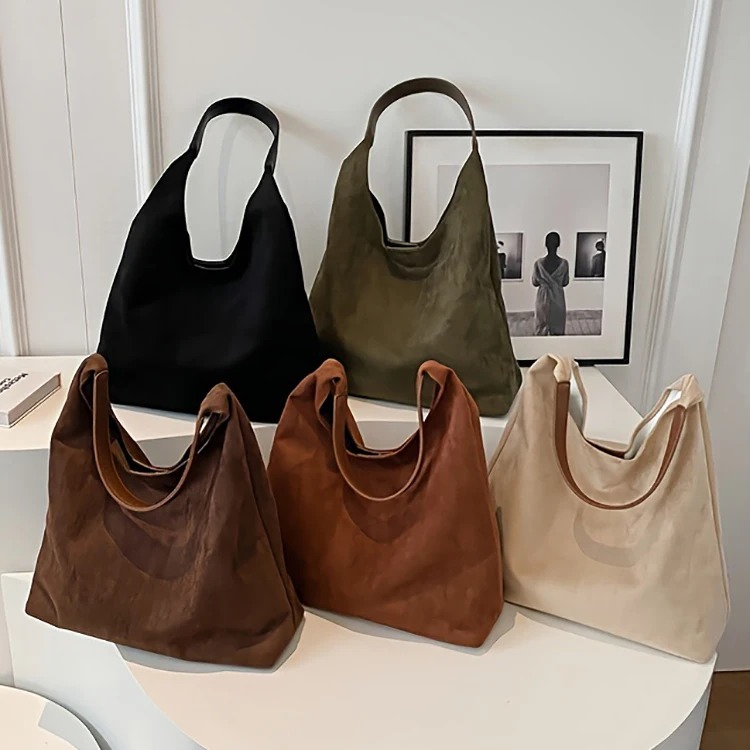 Luxury Daily Vintage Leather Suede Hobo Tote Bags Set Soft Large Women Brown Suede Shoulder Handbag Purse