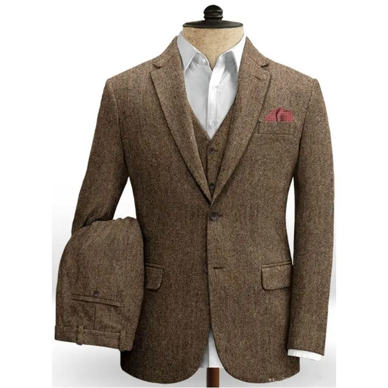 Brown Wedding Tuxedos Men Suits For Men Harringbone Tweed Men Blazer Suits Custom Made Formal Suits 3PCS(Vest+Blazer+Pants)