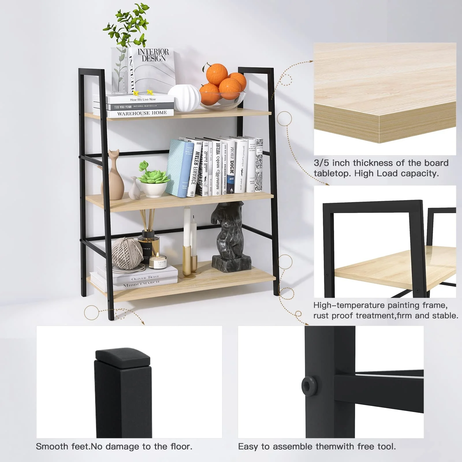Custom Wooden Bookshelf Low Ladder Rack Iron Bookcase Small Book Shelf Wall