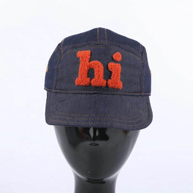 Custom kids denim 5 panel chenille embroidery baseball cap with elastic closure adjustable baby jean hats