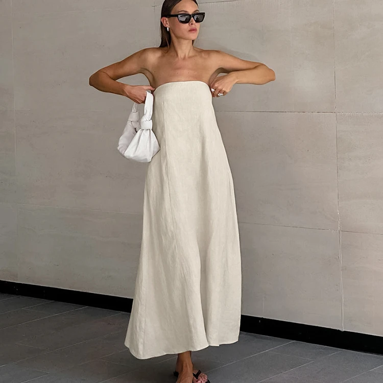 Customized Casual Clothing Linen Cotton Ladies Elegant Midi Dress Strapless