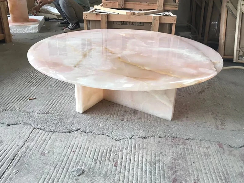 Guanmay Custom Luxury Home Furniture 2 Pieces Marble Stone Pink Onyx Round Marble Coffee Table Set