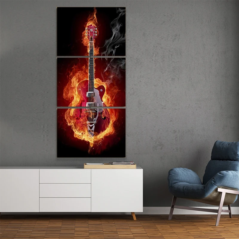 Music Art 3 Panel Wall Painting Modern Home Decors Black Burning Guitar  Art Pictures Decorn On Canvas Painting Printed