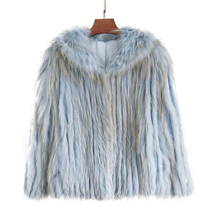 
Wholesale Woman Winter Fox Fur Coat Hooded Knitted Fur Jacket 