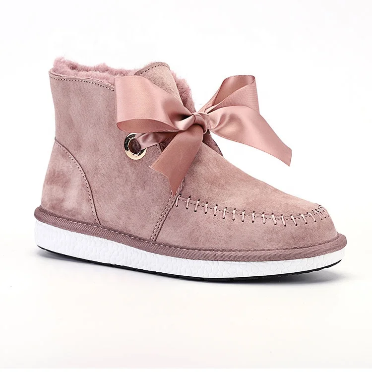 Женские зимние теплые ботинки с бантом и меховой подкладкой, женские кожаные короткие модные ботильоны с бантом