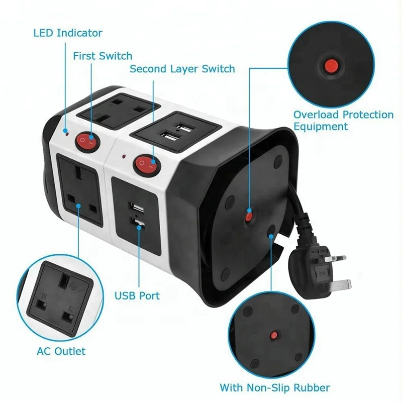 UK Tower Power Strip 6 Gang 4 USB Ports Vertical Socket Outlets Surge Protector With Overload Protection Individual Switch