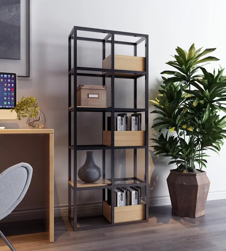 Wooden and metal bookshelf industrial cube shelf for living room furniture