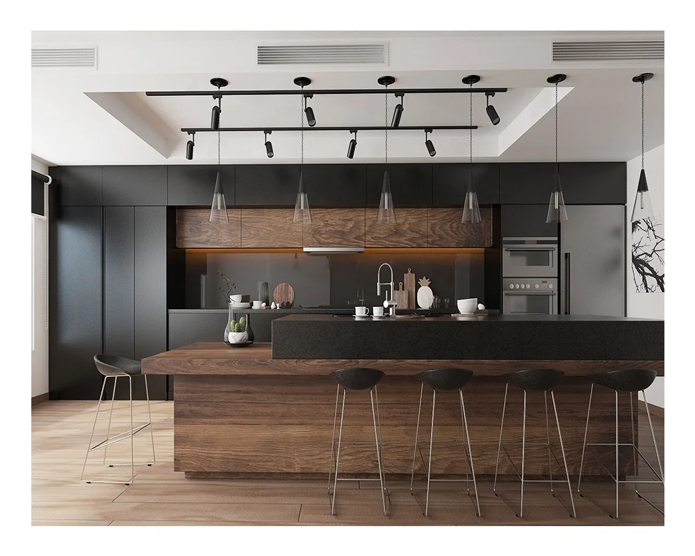 New Modern Wooden Veneer Matt Lacquer Finished Black Kitchen Cabinet Design