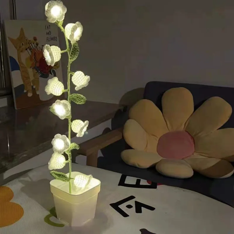 Online Wholesalers Cheap Home Decor Handmade Preserved Crochet Knit Flower With Lamp Luminescence Bell Orchid In Glass Dome