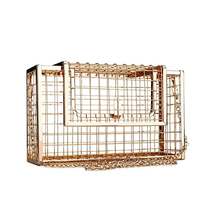 2022 popular party evening bags chains unique crossbody bag metal handbag handle gold cage clutch handbag