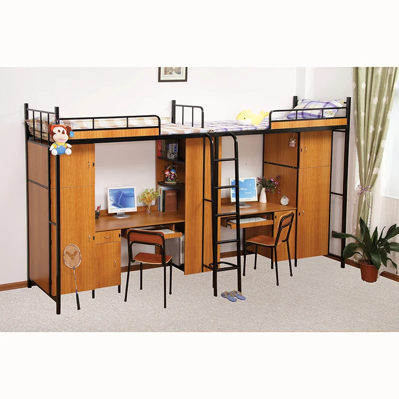 Metal School Dormitory Loft Bunk Bed With Study Desk and Wardrobe