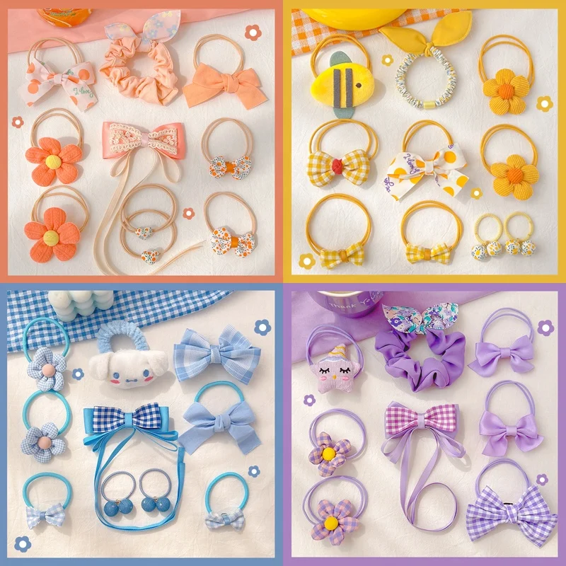 new 10 Pcs/Set Children Cute Colors Flower Bow Scrunchies Rubber Band Girls Sweet Soft Elastic Hair Ties Kids Hair Accessories