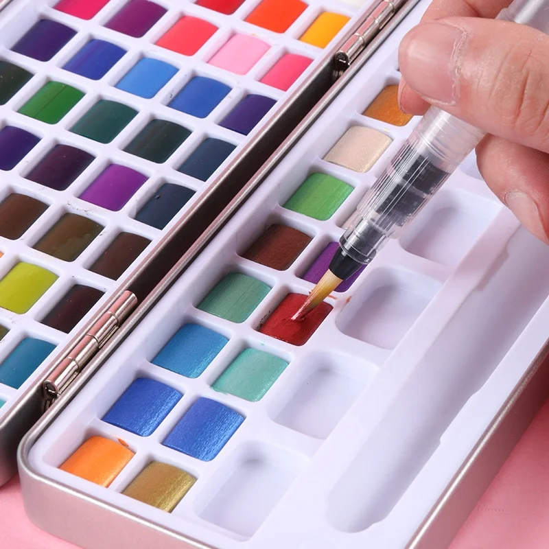 Glitter 50 Colors Solid Watercolor Set High Quality Pearlescent Paints  with Brushes in case Watercolor Pigment for Art Drawing