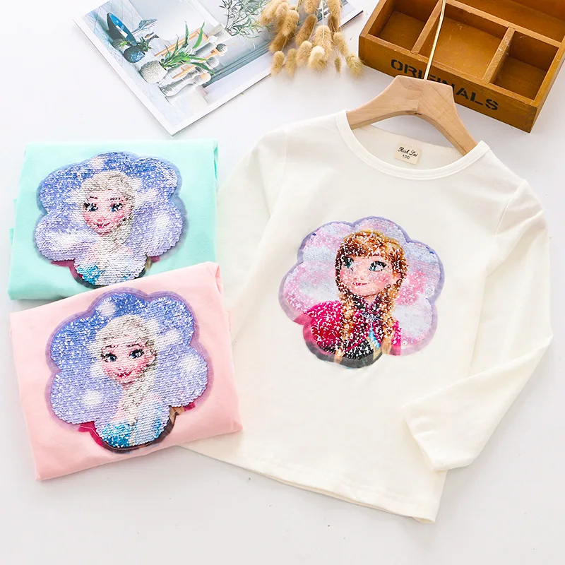 
Wholesale Fashion Flip Elsa Anna Sequin Girls Long Sleeve T Shirt  (62236886945)