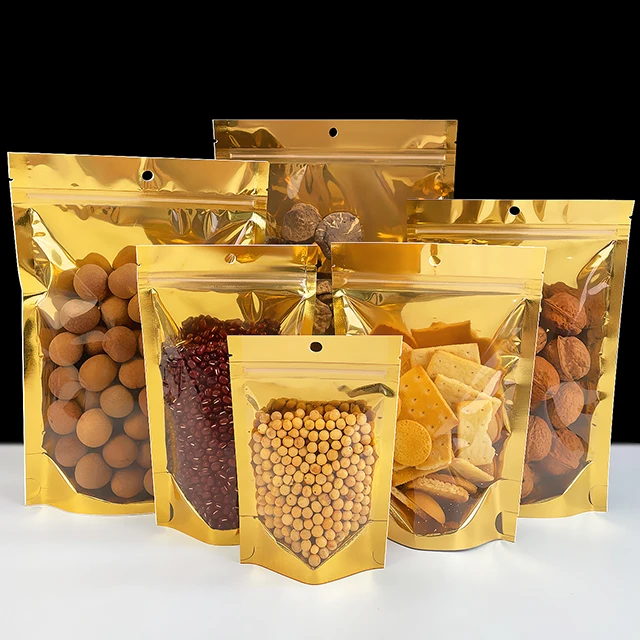 Stock Golden Zip Lock Doypack Bag Resealable Standing Pouch Food Storage PE PET Gravure Printing Packaging Dried Longan Raisins