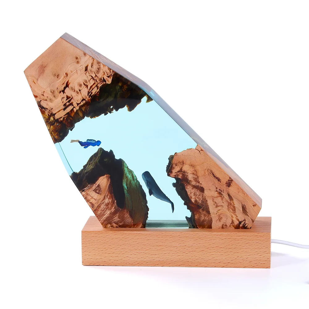 New design wholesale diver fish ocean mothers day switch control solid wood resin lamp for home decoration