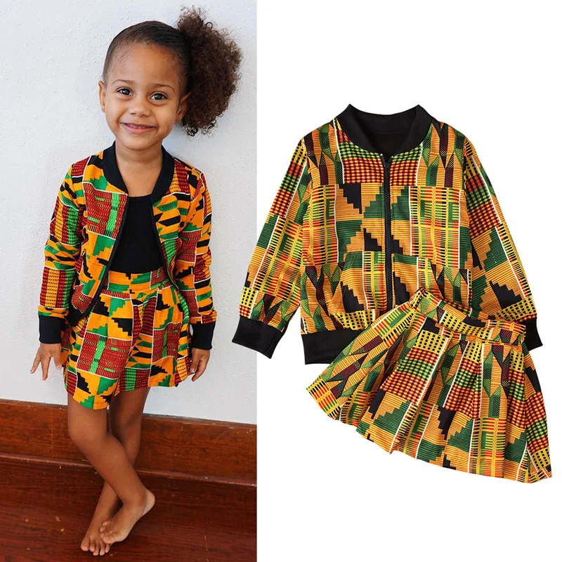 
Wholesale African Bohemia print fall clothes sets jacket dress baby girls long sleeve boutique outfits 