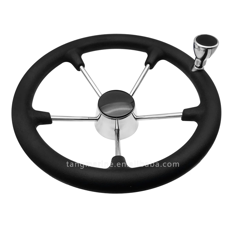 Marine Made Boat Marine Stainless Steel 5 Spoke Destroyer Steering Wheel With Black Foam Grip And Knob For Boat
