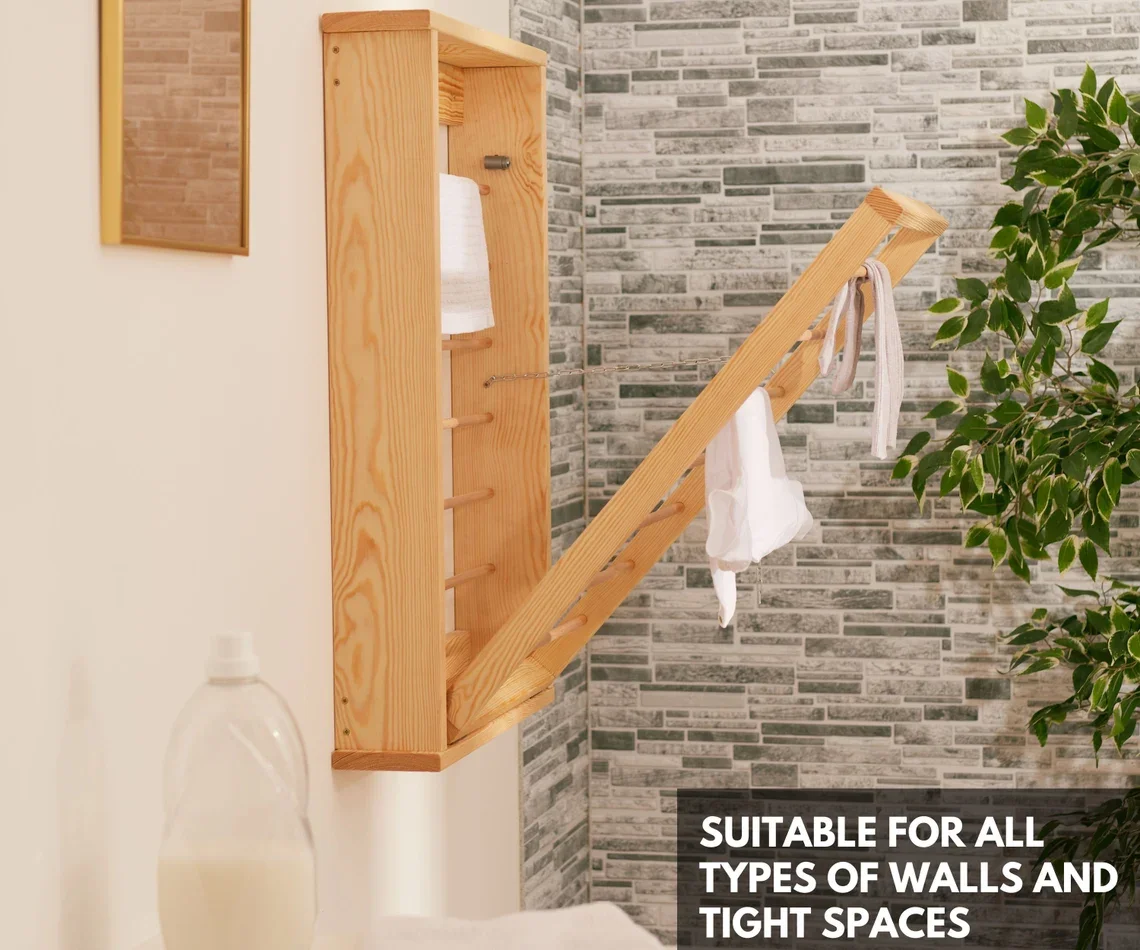 Indoor Wall Mounted Clothes Airer Wooden Drying Rack with Double Side Bars for Laundry Space Saving