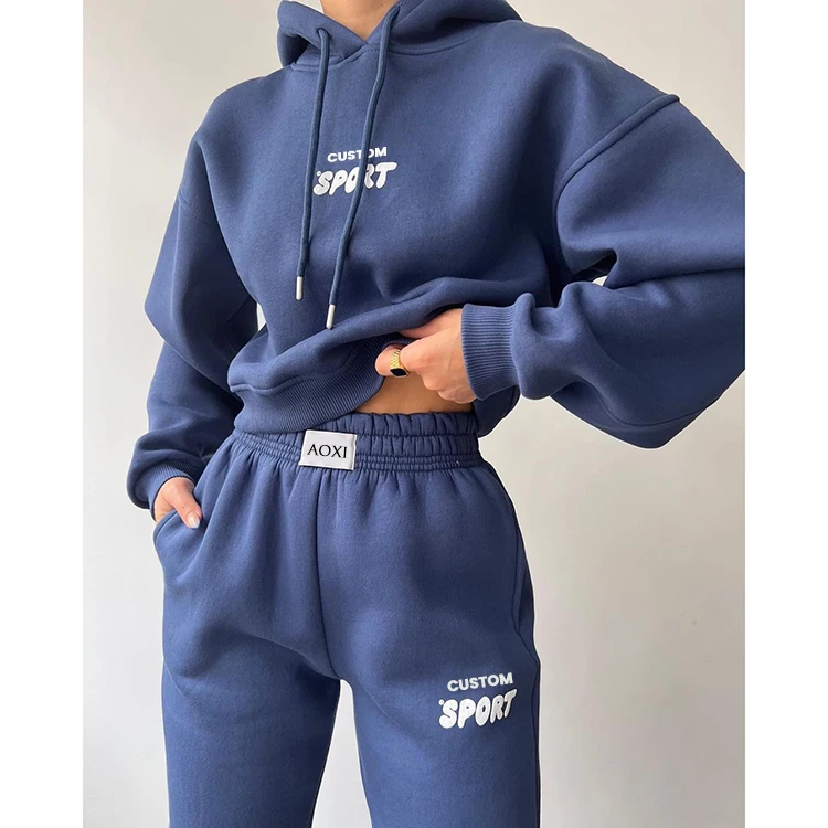 Wholesale custom puff printed drawstring fleece cropped hoodie set pour femmes hoodie oversized hoods and sweatshirts for women
