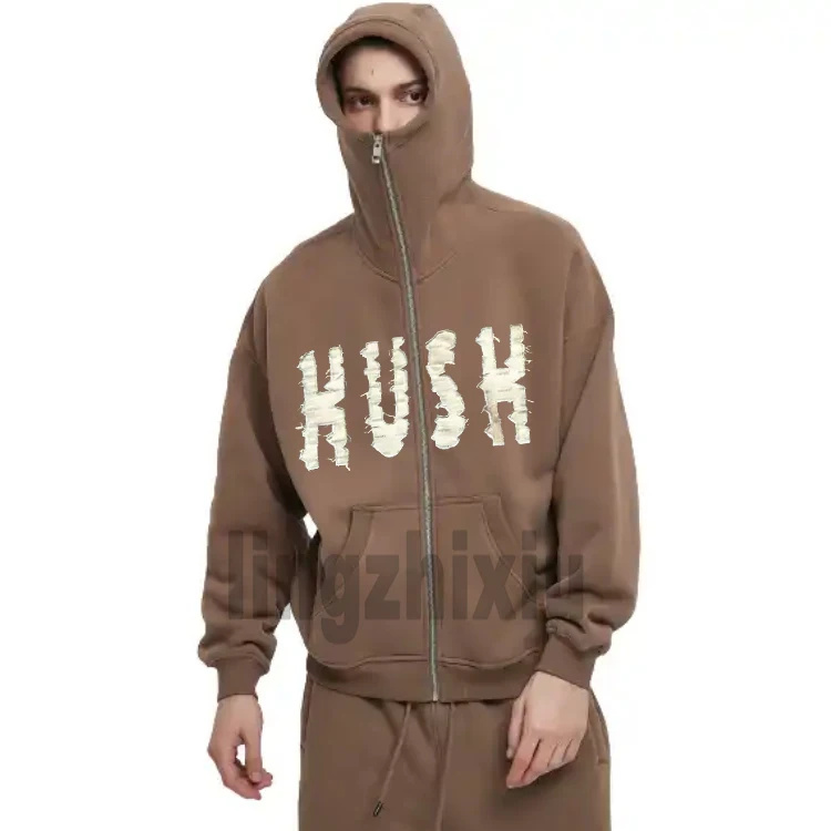 Hoodie Y2K Black Oversized Drop Shoulder Masked Baggy Hoodie For Men Stylish Brown Embroidered Patch Hoodie