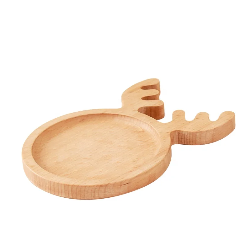 Solid Children Wooden Snack Tray Christmas Trees and Cute Elk Reindeer Pllet Beech Wood Pallet