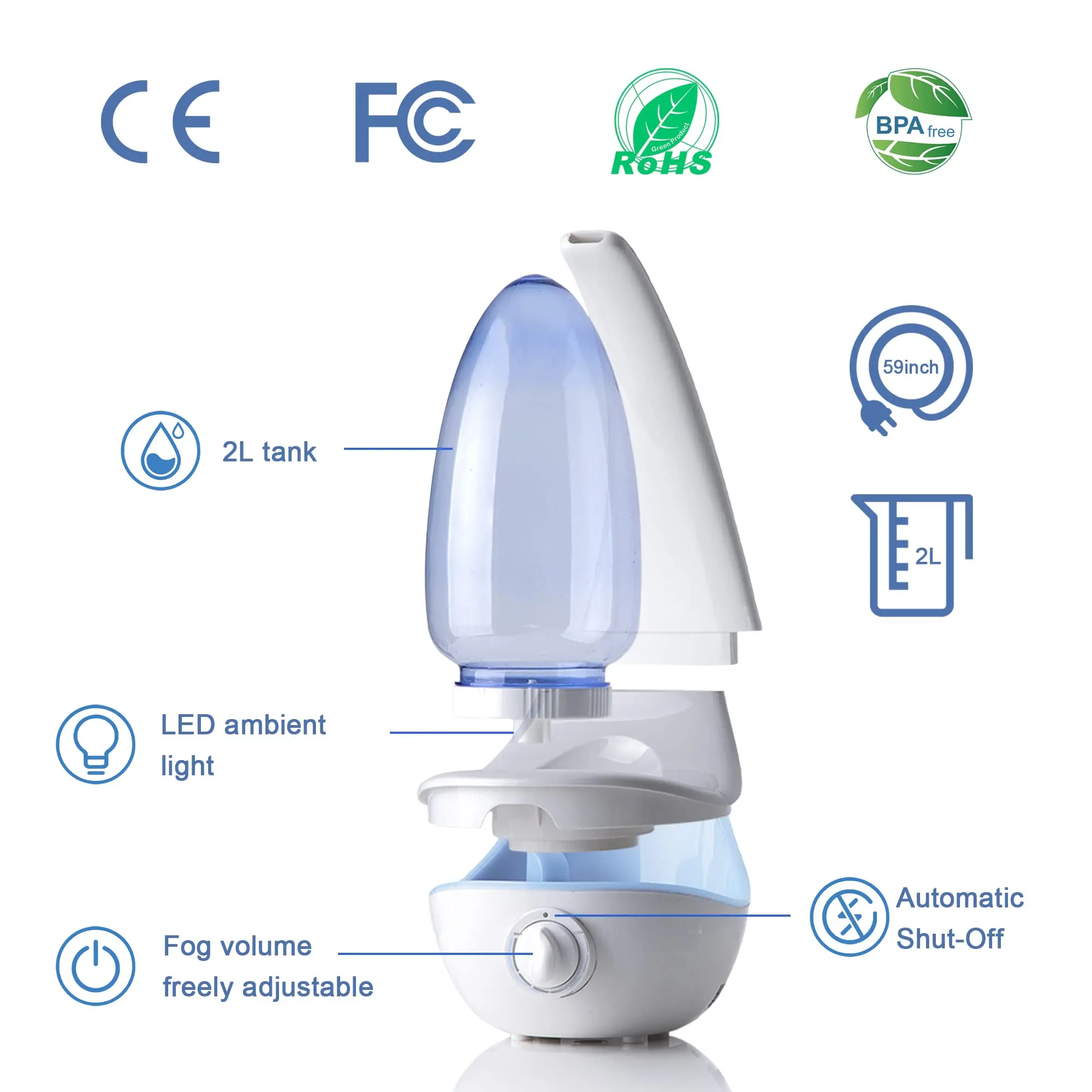 GEMEO 2000ML Odm Oem Mini Black Led Blue Color Aroma Essential Oil Air H2o Cool Mist Moon Bottle Humidifier In Cars