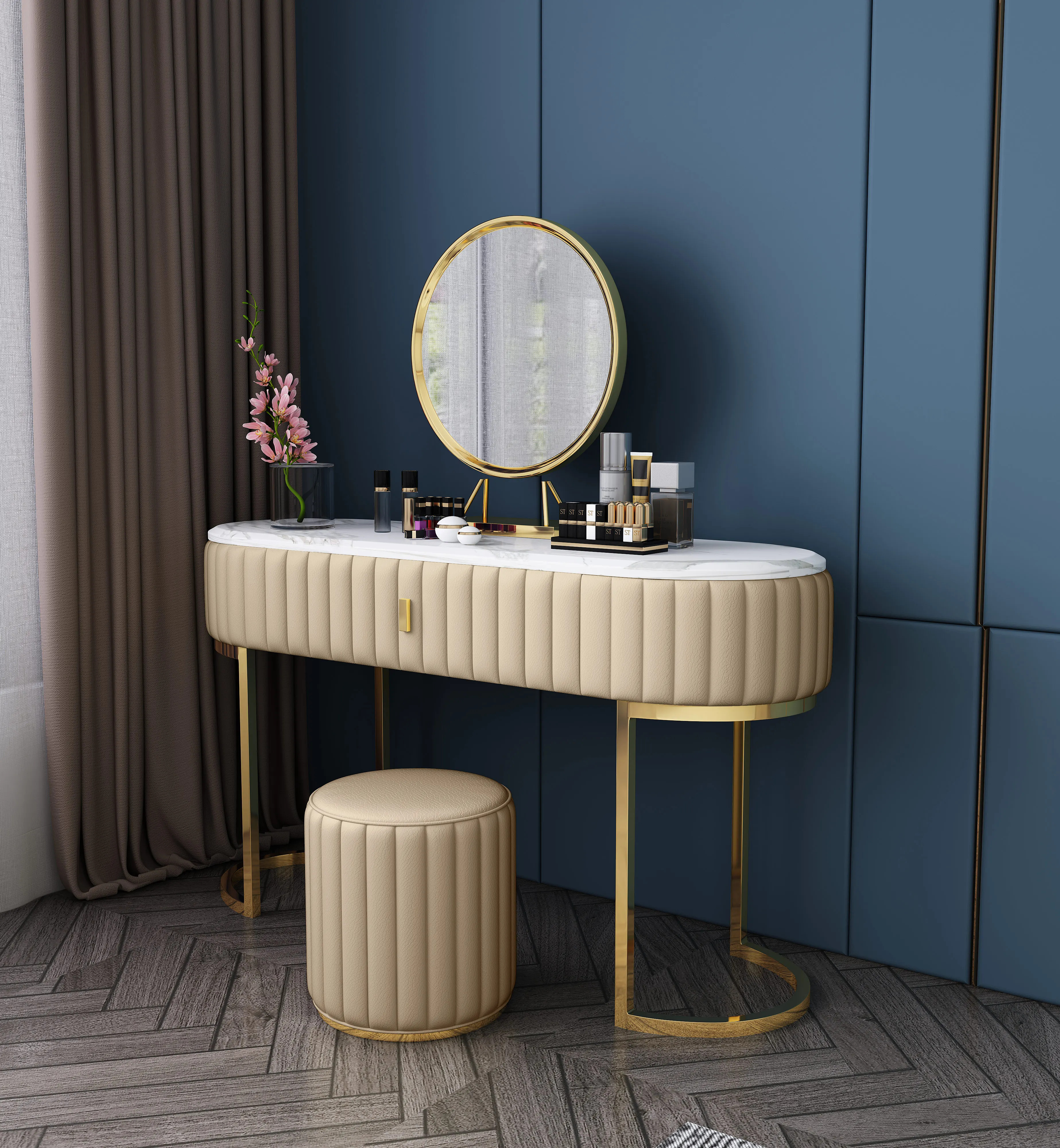 Luxury White Dressing Table With Mirror and Stool, vanity table Set 4 Drawers Bedroom Dresser