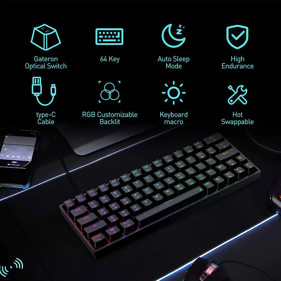 
RGB Lighting Game Cherry Switch Backlight Used Type-C Mini Compact 61 Keys Keyboard 60% Wireless Mechanical Gaming Keyboard 