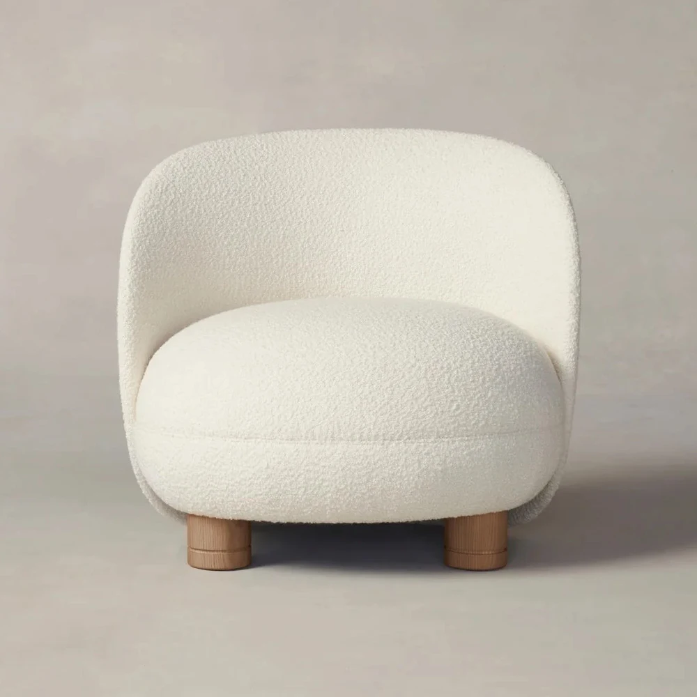 2024 Modern White Boucle Fabric Accent Barrel Chair Solid Wood Legs Sherpa Lounge Armchair