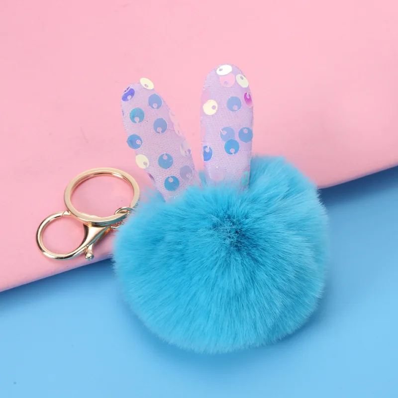 Wholesale Fancy Fluffy Faux Fur Key Ring Pompom Rabbit Ear Keychain For Women Girl DIY Bag Car Key Pendant