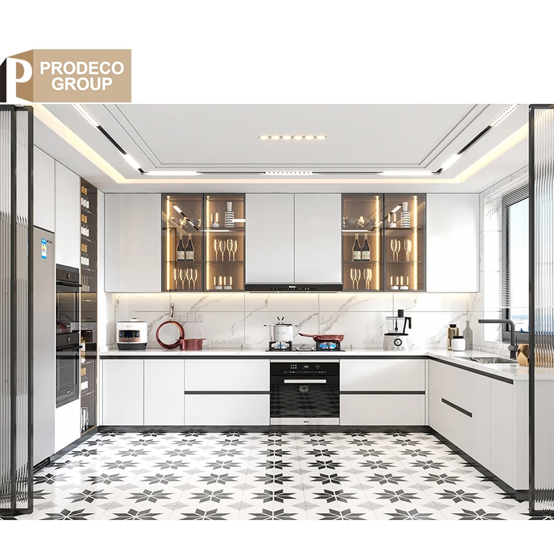 Prodeco Furniture Nigeria MDF High Gloss Lacquer Price Modern Kitchen Cabinet with Handles and Grey Black Doors for Project